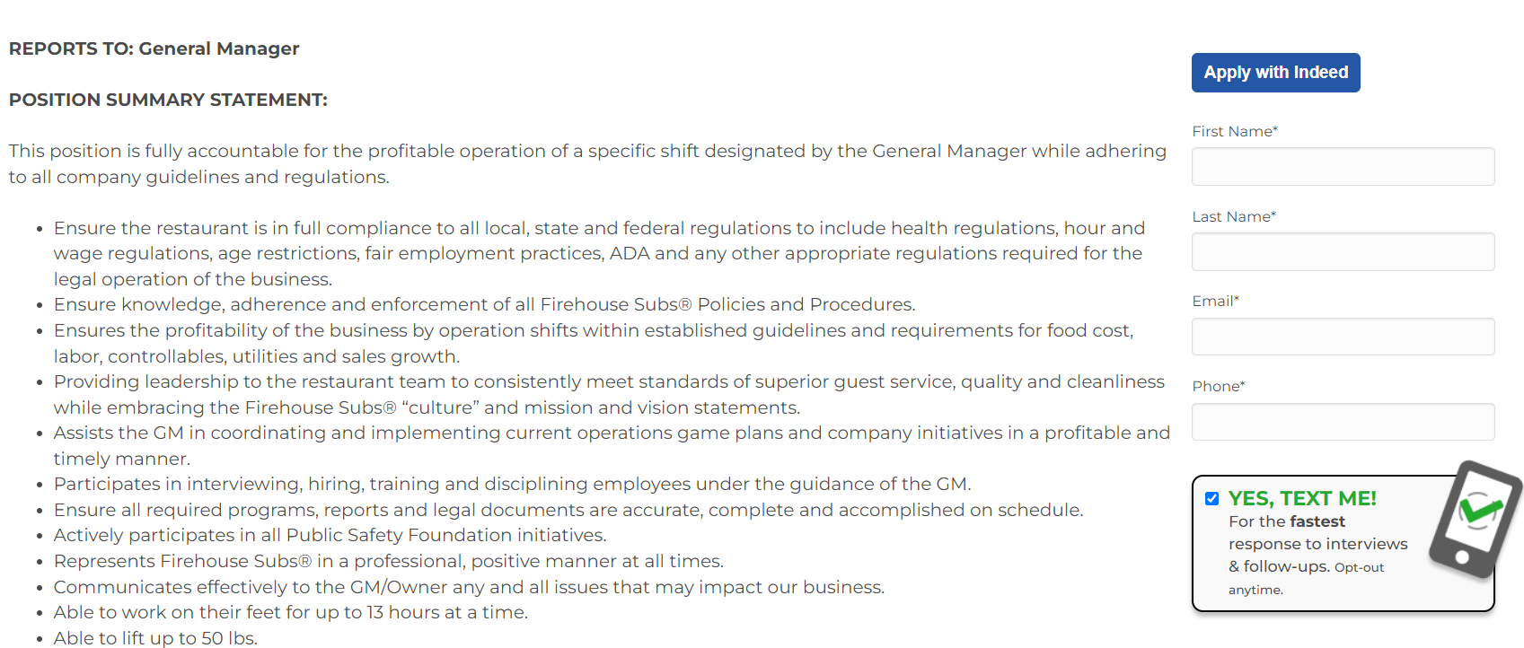 Image of the Review Firehouse Job Details promoting the ability to explore specific job roles requirements and benefits at Firehouse Subs helping potential applicants understand the opportunities and expectations for various positions
